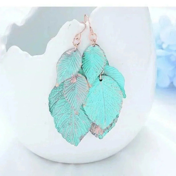 Rustic Blue Green Patina Verdigris Textured Leaves Dangle Earrings - Picture 1 of 5